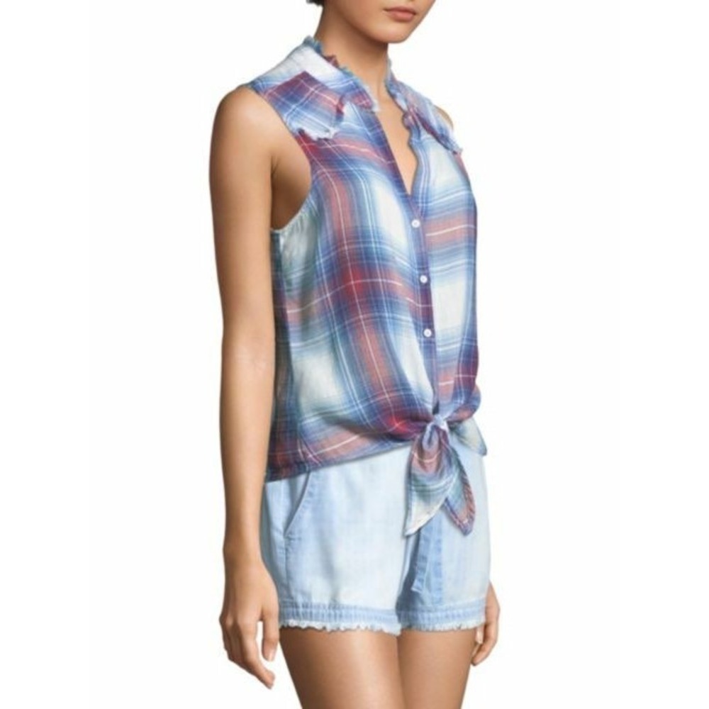 Cloth & Stone Womens Blue Red Plaid‎ Tie Front Sleeveless Top XS